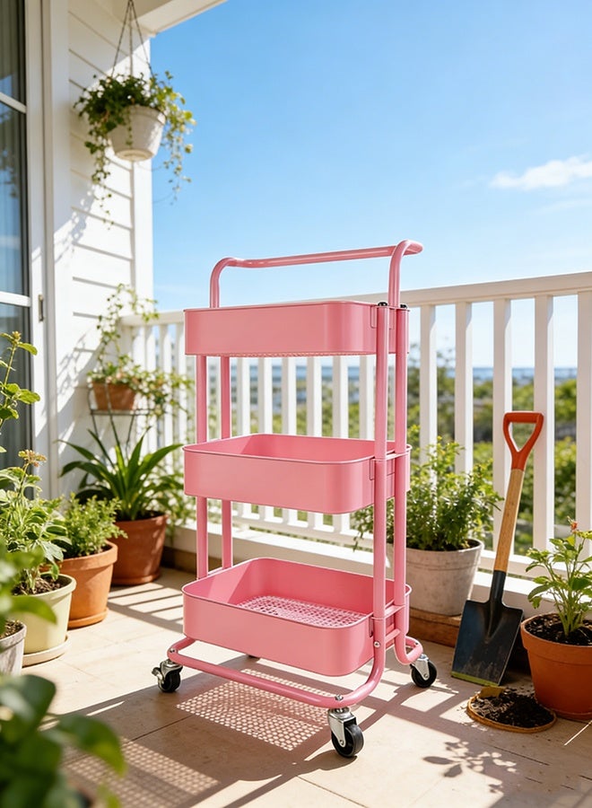 RollsTimi  3 Tier Rolling Cart with Lockable Wheels and Handle, Three Tiered Pink Trolley Cart on Wheels, Utility Storage Organizer for Bathroom, Kitchen, Teachers, Art, Crafts, Snack, Nail - Image 2